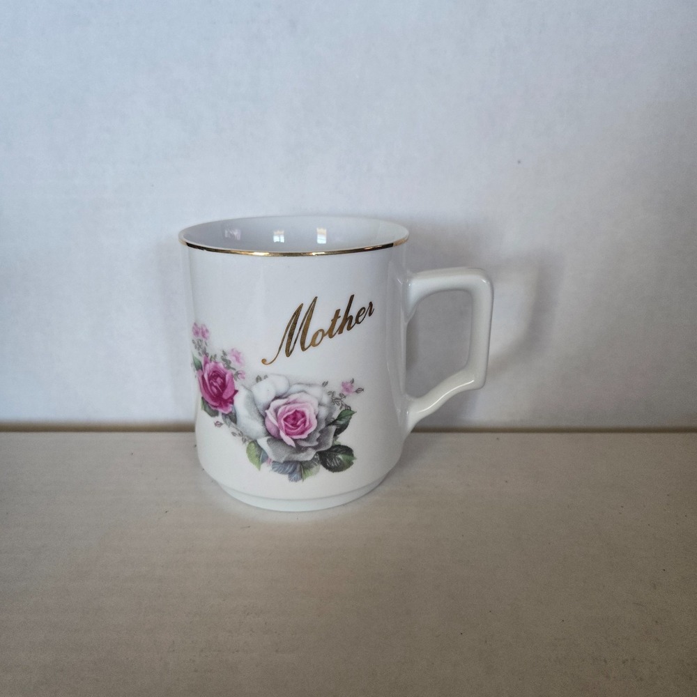 Vintage Mother Coffee Mug Tea Cup Pink Rose Floral Porcelain Gold Trim China